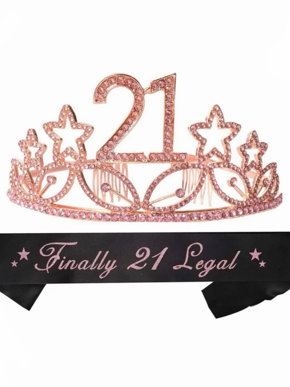 Pink Rhinestone "21" Tiara Crown with Sash